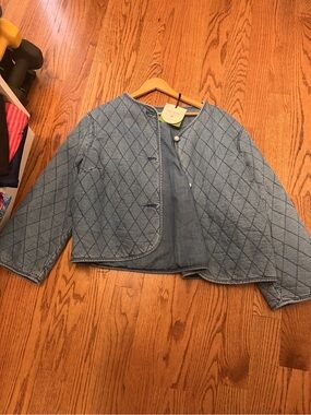 kate spade Light Blue Quilted Denim Jacket with Pearl Button